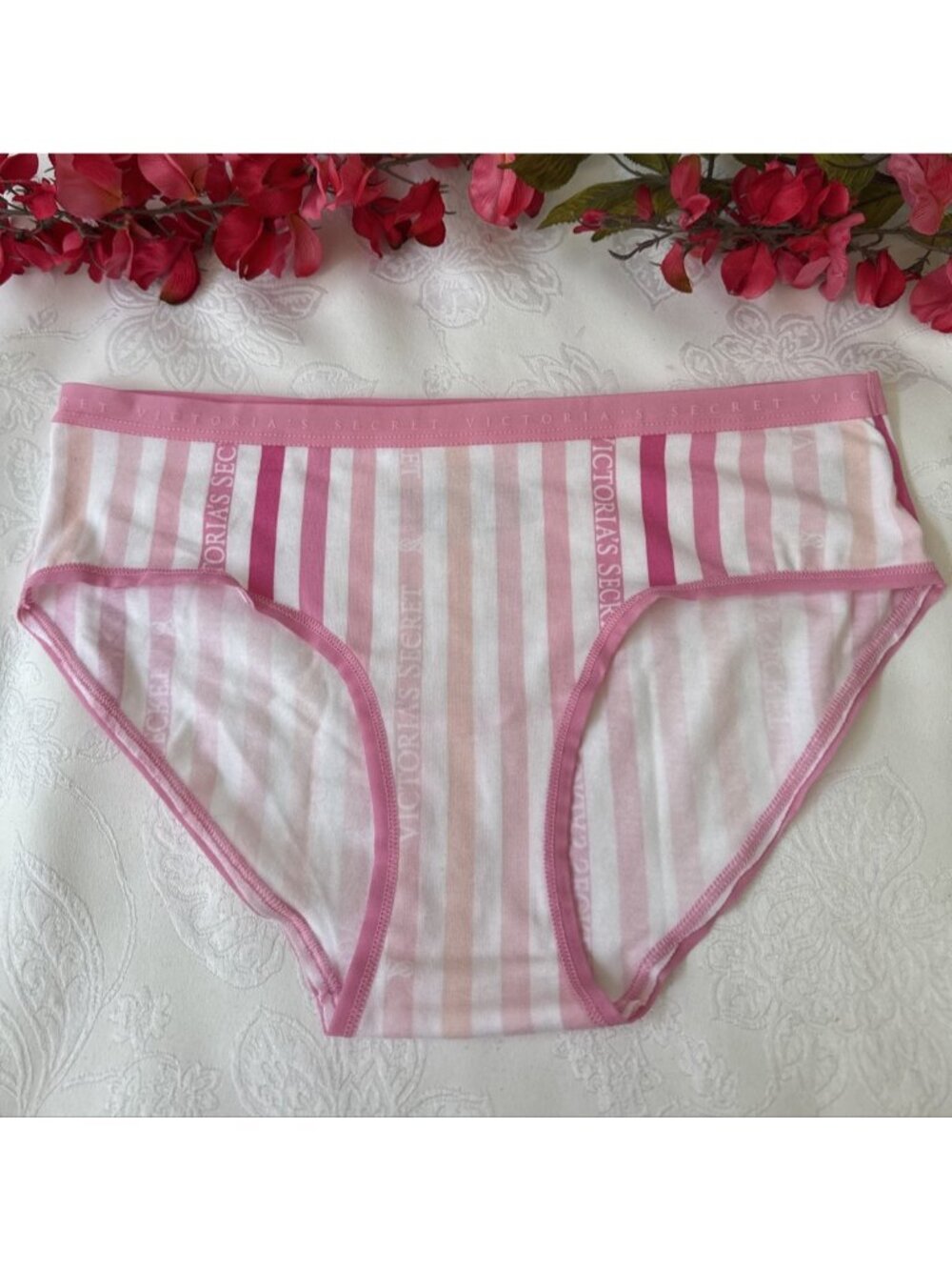 VICTORIA'S SECRET S SUMMER PINK WHITE STRIPE COTTON BLEND HIPSTER PANTIES NWT